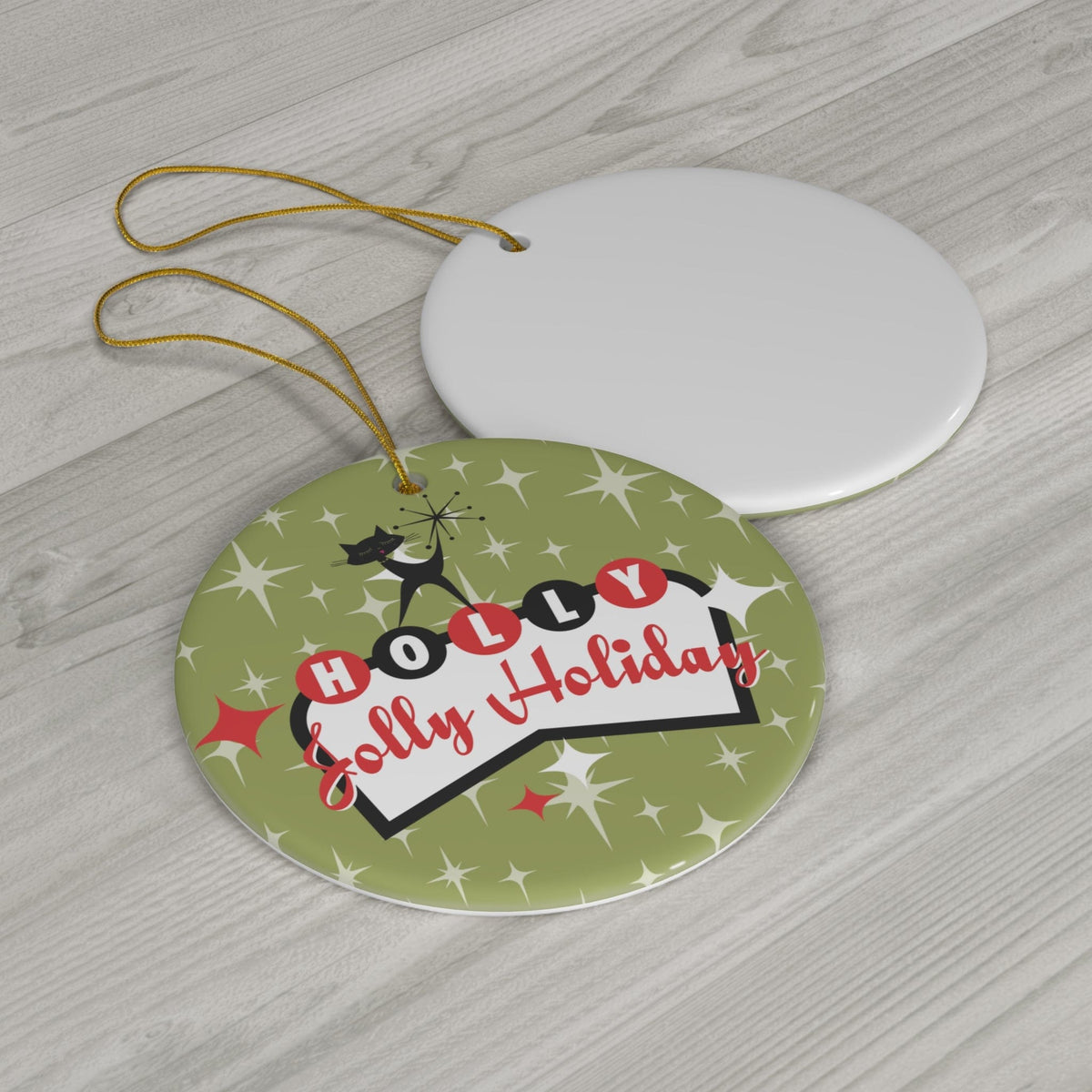 50's Christmas Ornaments, Atomic Cat, Holly, Jolly Holidays, Atomic Starburst, Green, Black, Red,Ceramic Ornament Home Decor Circle / One Size
