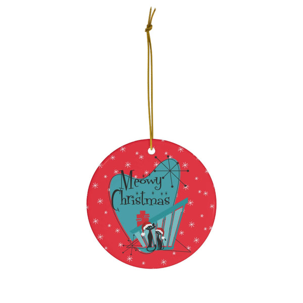 Meowy Christmas Atomic Cats, Kitschy Mod Mid Century Modern Christmas Ceramic Ornament