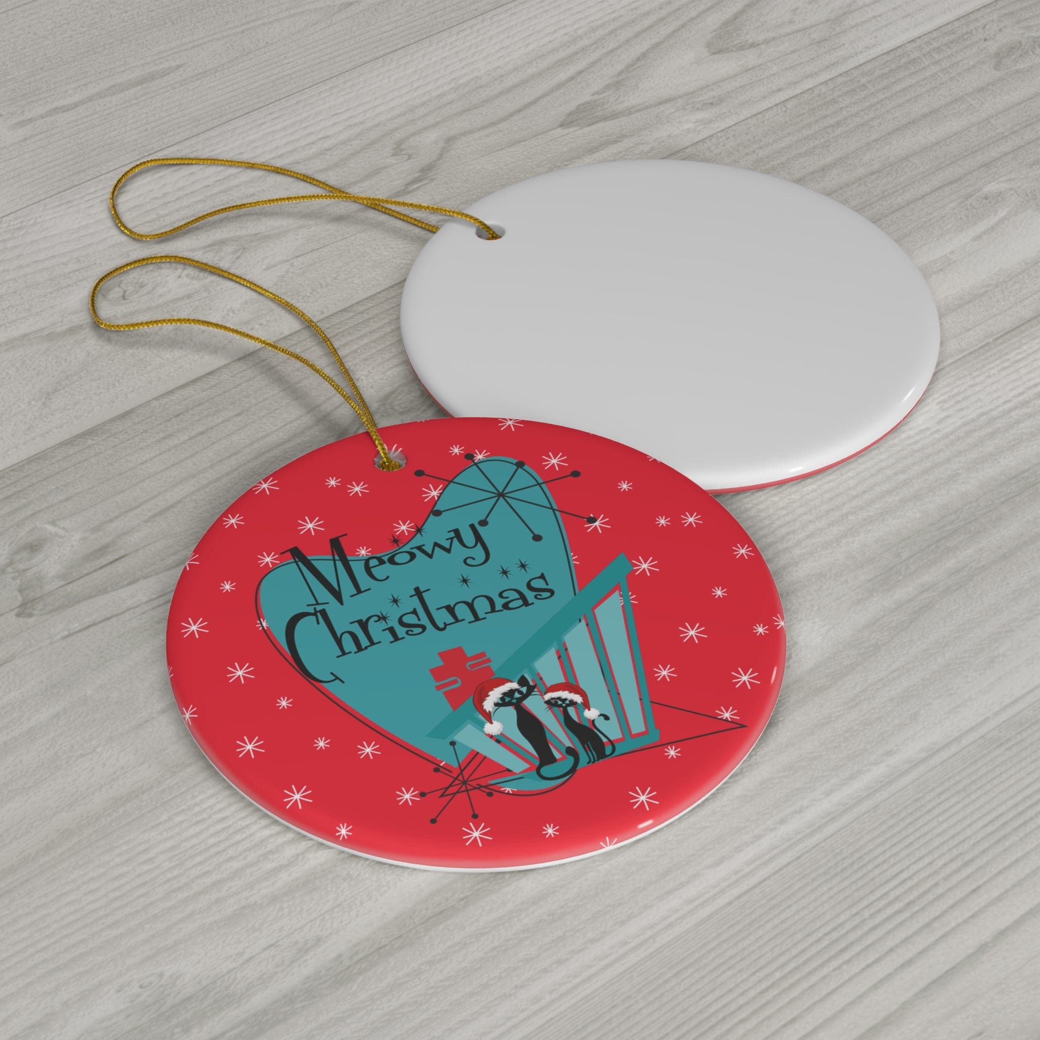 Meowy Christmas Atomic Cats, Kitschy Mod Mid Century Modern Christmas Ceramic Ornament Home Decor Circle / One Size