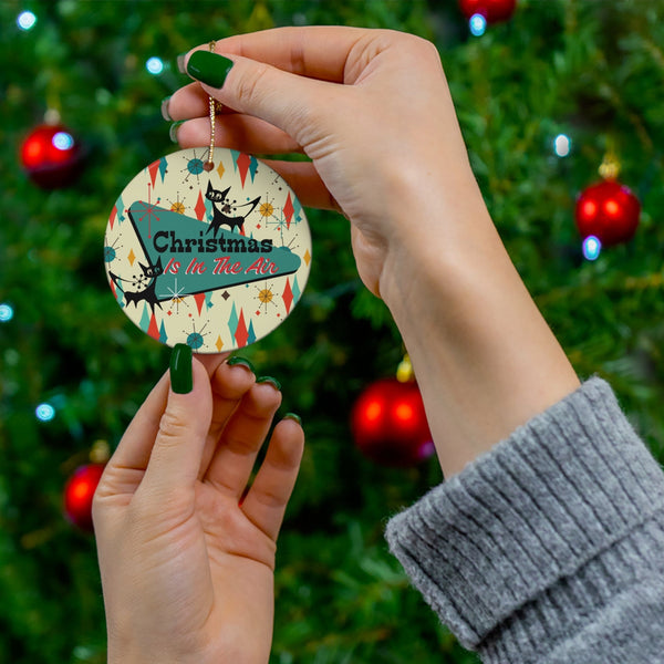 Mid Century Christmas Ornament, Christmas Is In The Air, Atomic Starburst, Atomic Cat, Ceramic Ornament