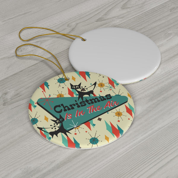 Mid Century Christmas Ornament, Christmas Is In The Air, Atomic Starburst, Atomic Cat, Ceramic Ornament