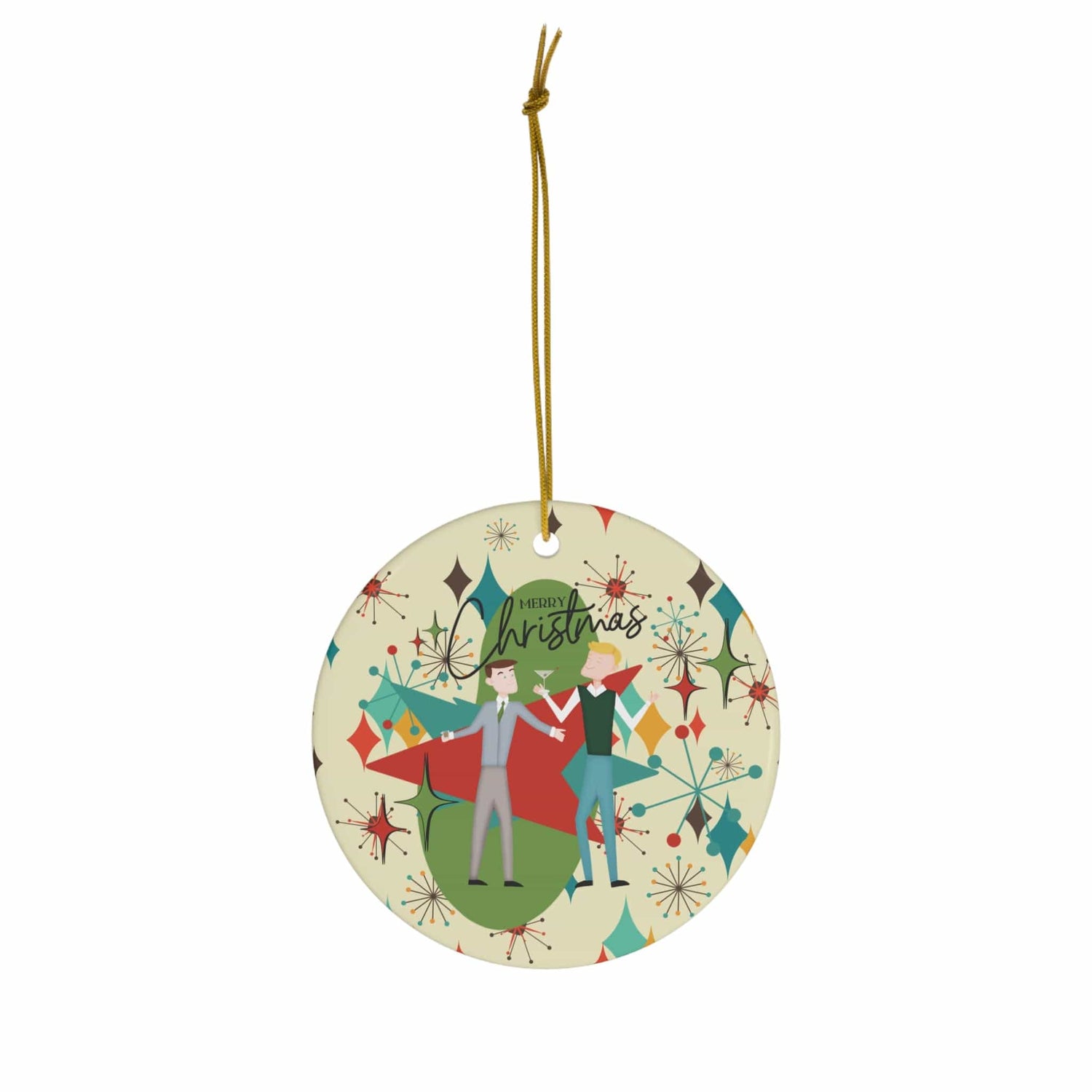 Mid Century Modern Atomic Starburst, Gay Male Couple Retro MCM Kitschy Fun Ceramic Ornament Home Decor Circle / One Size