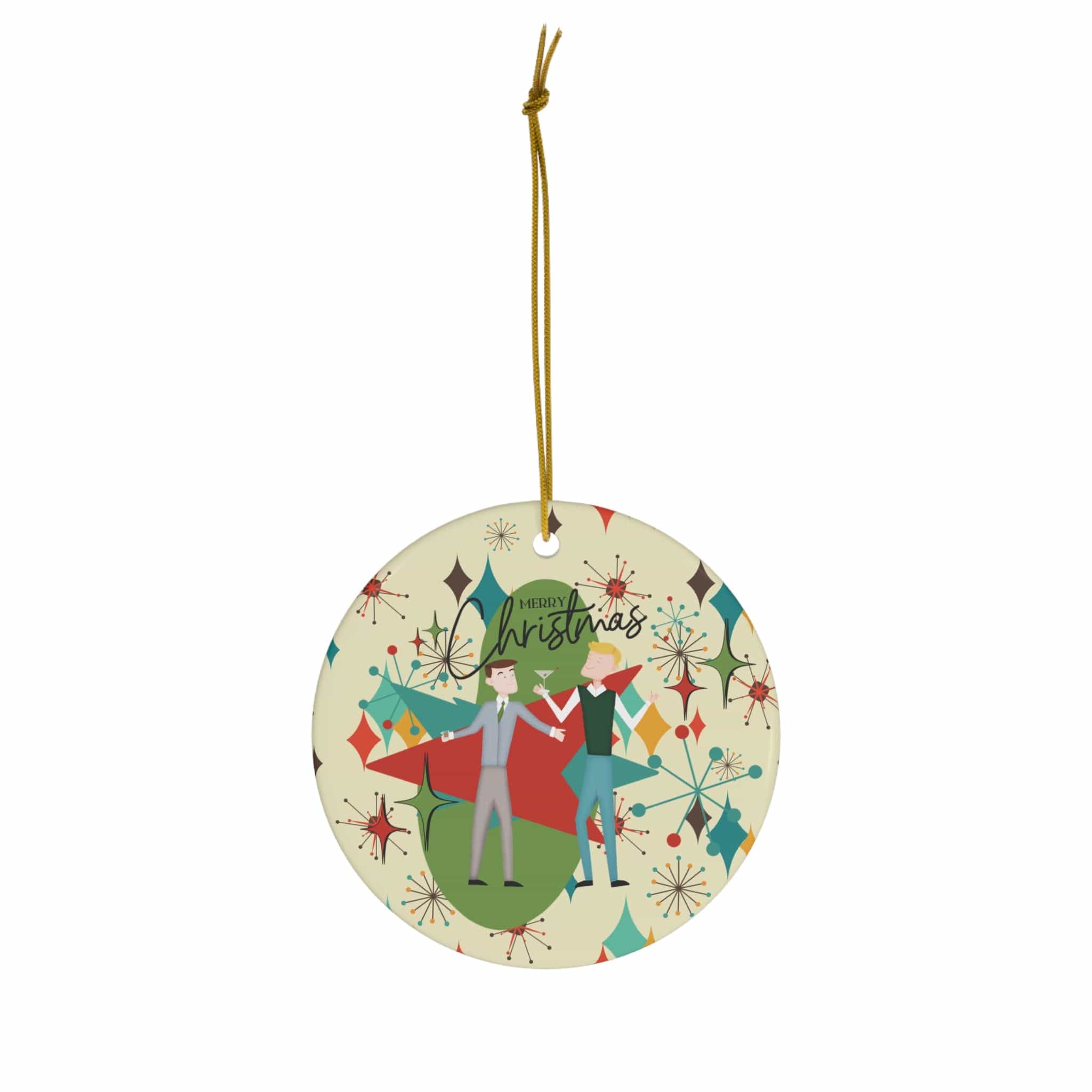 Mid Century Modern Atomic Starburst, Gay Male Couple Retro MCM Kitschy Fun Ceramic Ornament Home Decor Circle / One Size