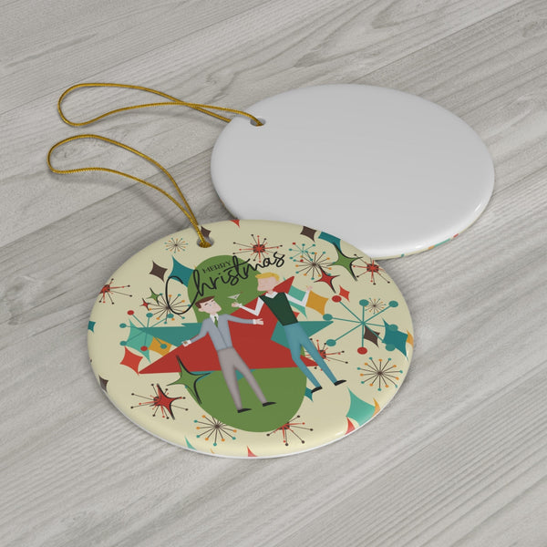 Mid Century Modern Atomic Starburst, Gay Male Couple Retro MCM Kitschy Fun Ceramic Ornament