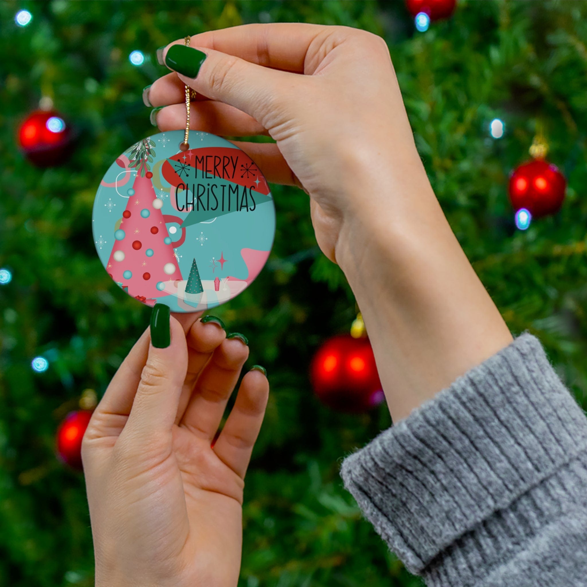 Mid Century Modern Christmas Ornament, Kitschy Pink, Teal, Aqua, Mid Mod Retro Ceramic Ornament Home Decor Circle / One Size