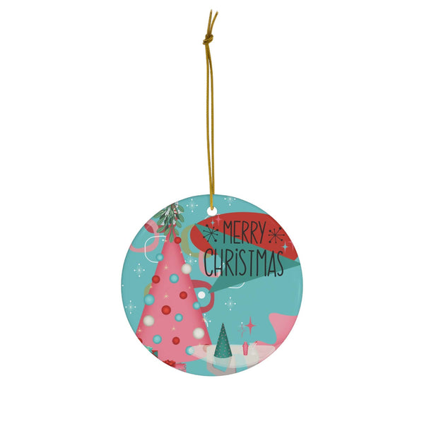Mid Century Modern Christmas Ornament, Kitschy Pink, Teal, Aqua, Mid Mod Retro Ceramic Ornament
