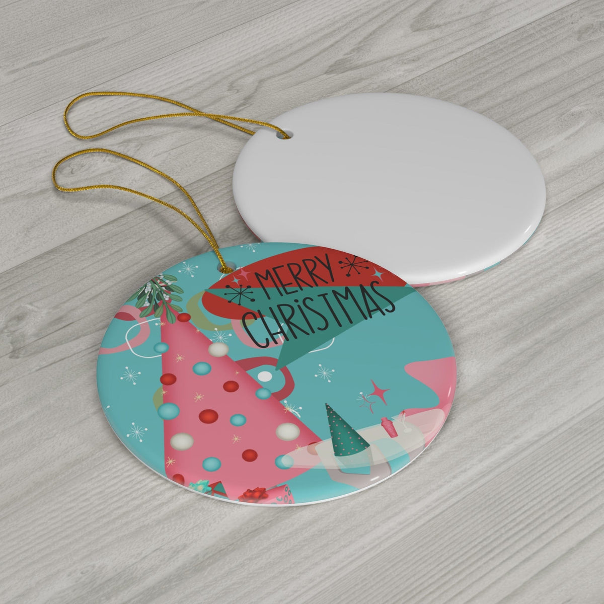 Mid Century Modern Christmas Ornament, Kitschy Pink, Teal, Aqua, Mid Mod Retro Ceramic Ornament Home Decor Circle / One Size