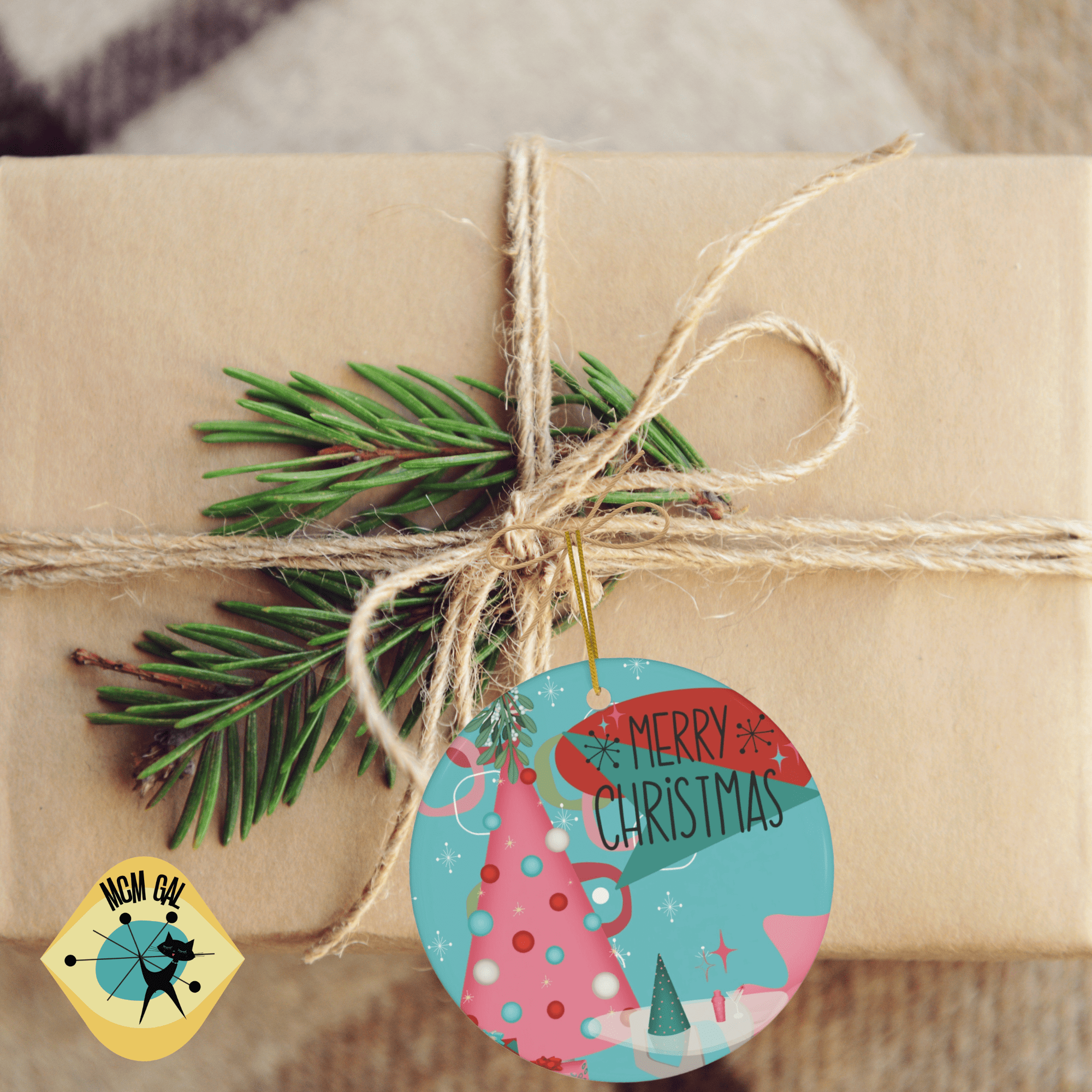 Mid Century Modern Christmas Ornament, Kitschy Pink, Teal, Aqua, Mid Mod Retro Ceramic Ornament Home Decor Circle / One Size