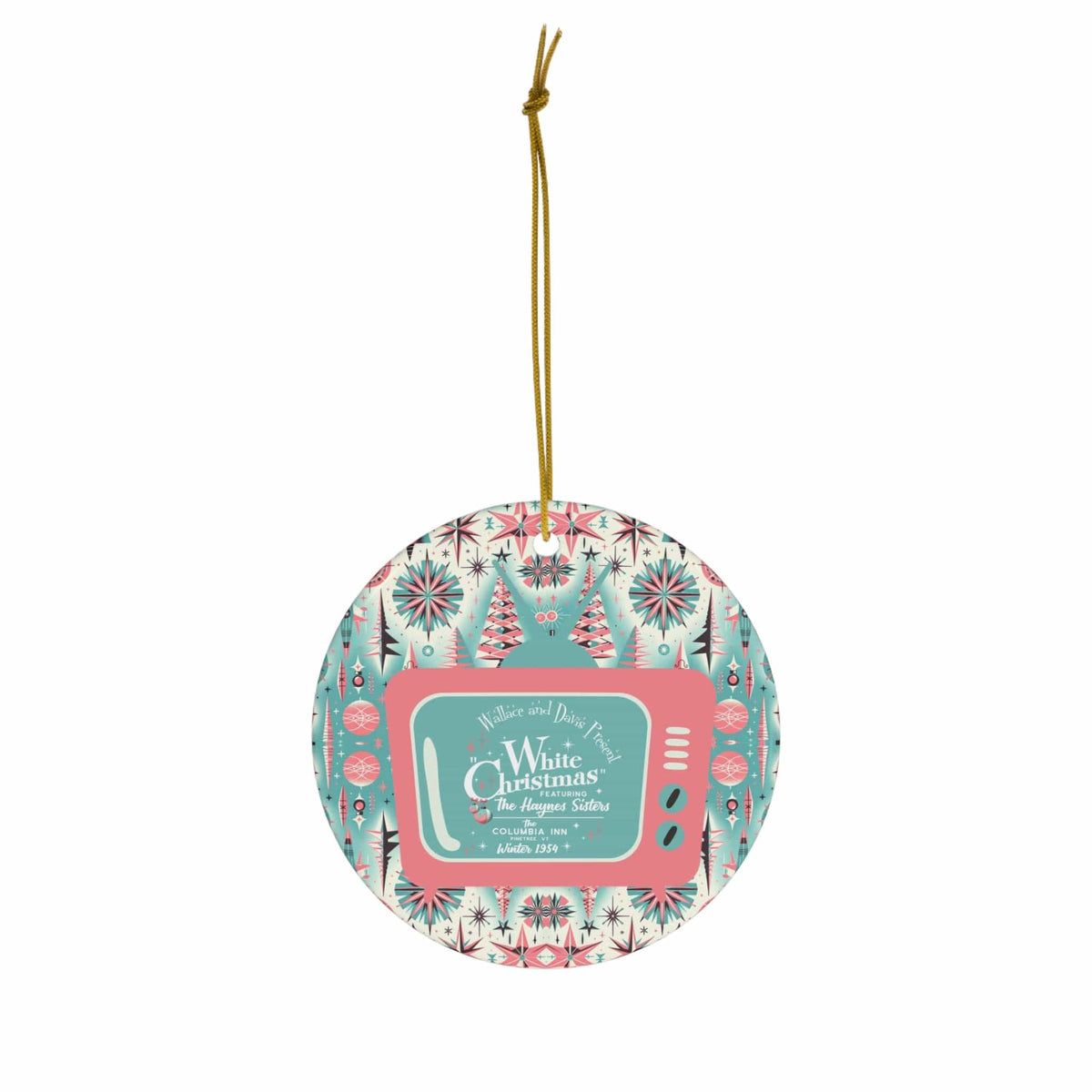 Wallace And Davis White Christmas 1950's Movie, MCM Aqua Blue, Pink Sputnik Starburst Ceramic Ornament Home Decor Circle / One Size