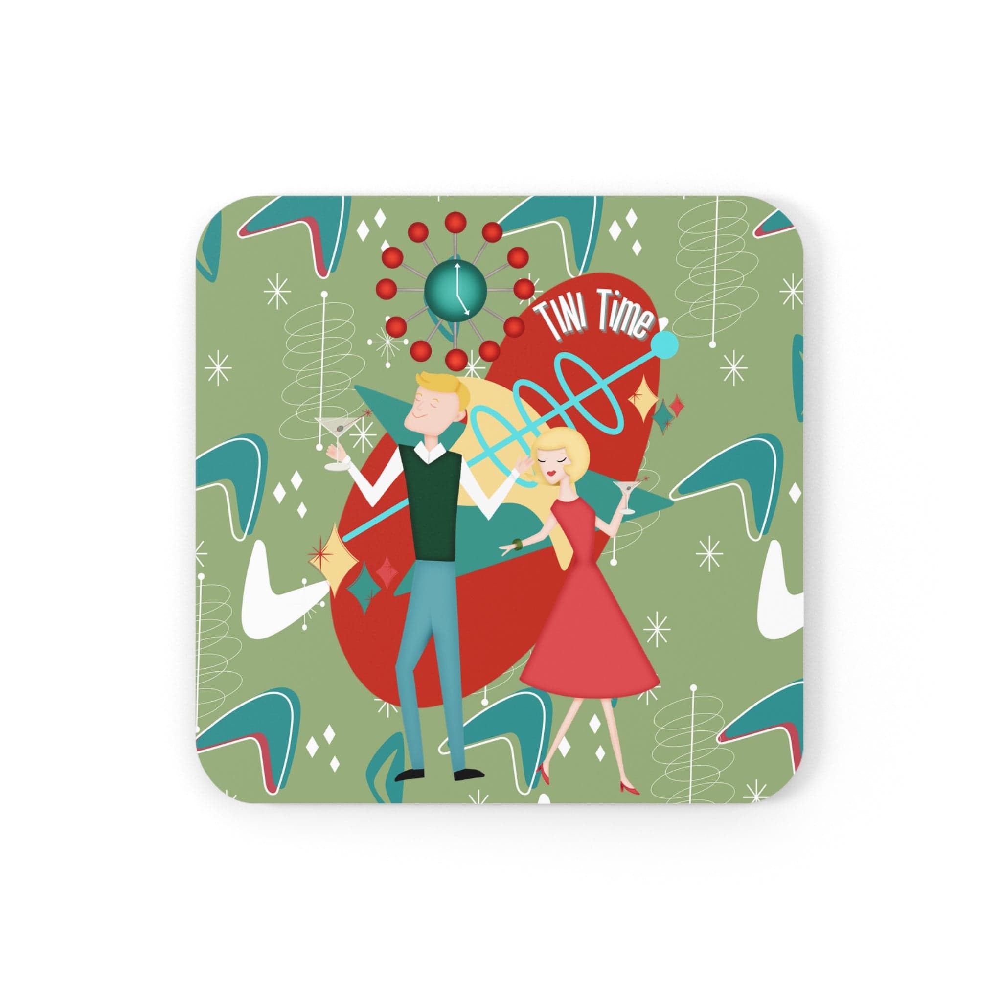 Atomic Cocktails Coaster Set, Martini Cocktail, Mid Century Modern Barware Kitschy Fun Corkwood Coaster Set Home Decor Cork / 3.75" × 3.75" / Square