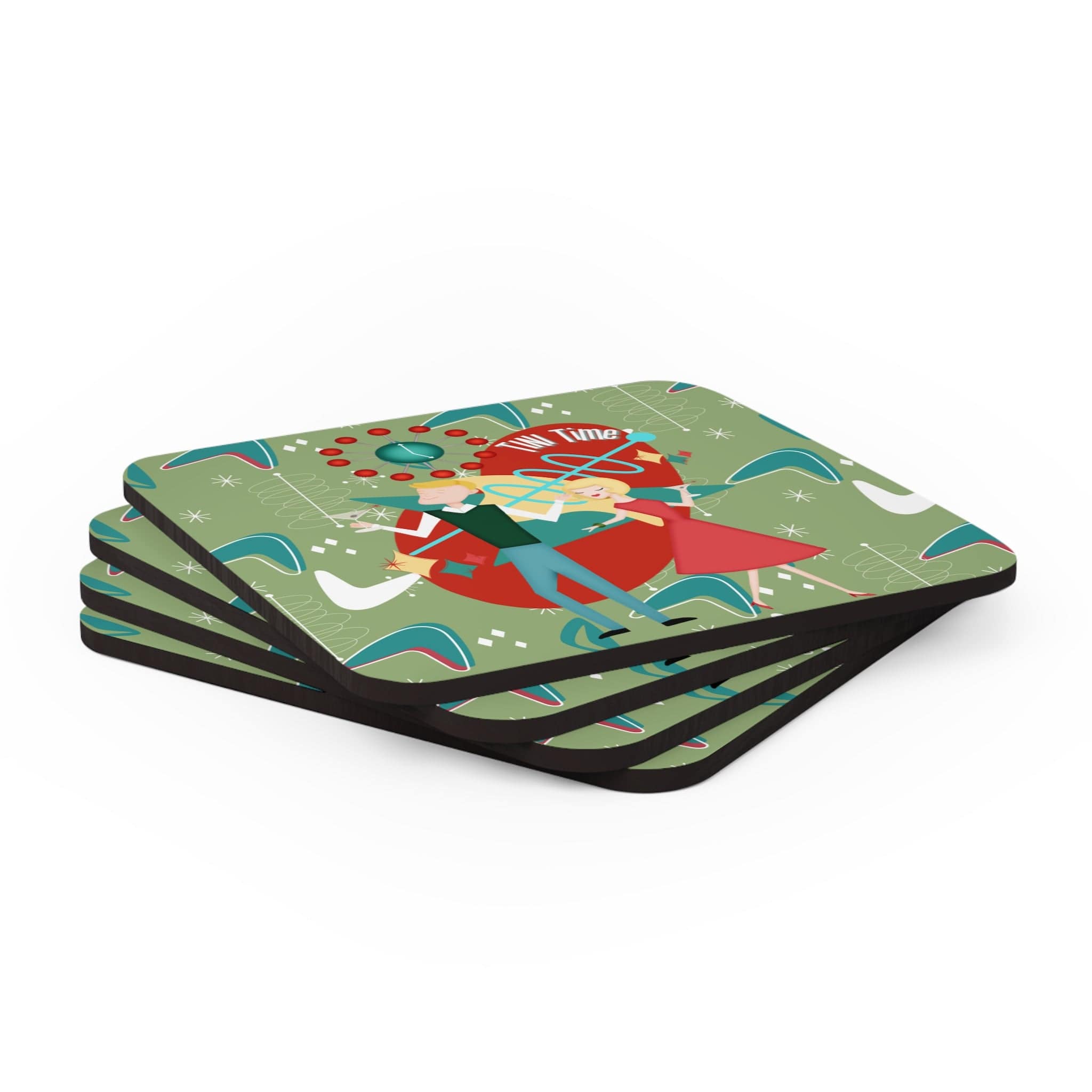 Atomic Cocktails Coaster Set, Martini Cocktail, Mid Century Modern Barware Kitschy Fun Corkwood Coaster Set Home Decor Cork / 3.75" × 3.75" / Square