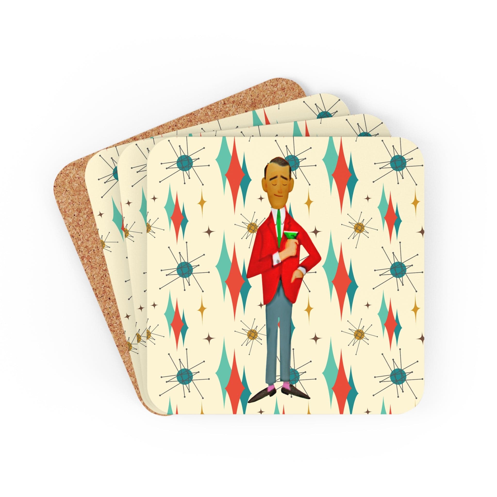 Mid Century Modern Franciscan Starburst, Retro Dude, Mod Man, Corkwood Coaster Set Home Decor Cork / 3.75" × 3.75" / Square