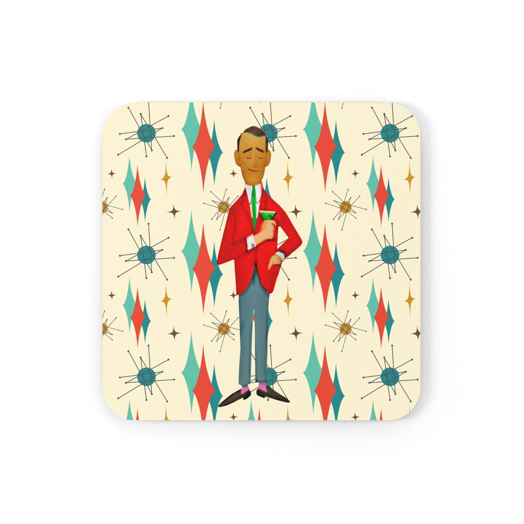Mid Century Modern Franciscan Starburst, Retro Dude, Mod Man, Corkwood Coaster Set Home Decor Cork / 3.75" × 3.75" / Square