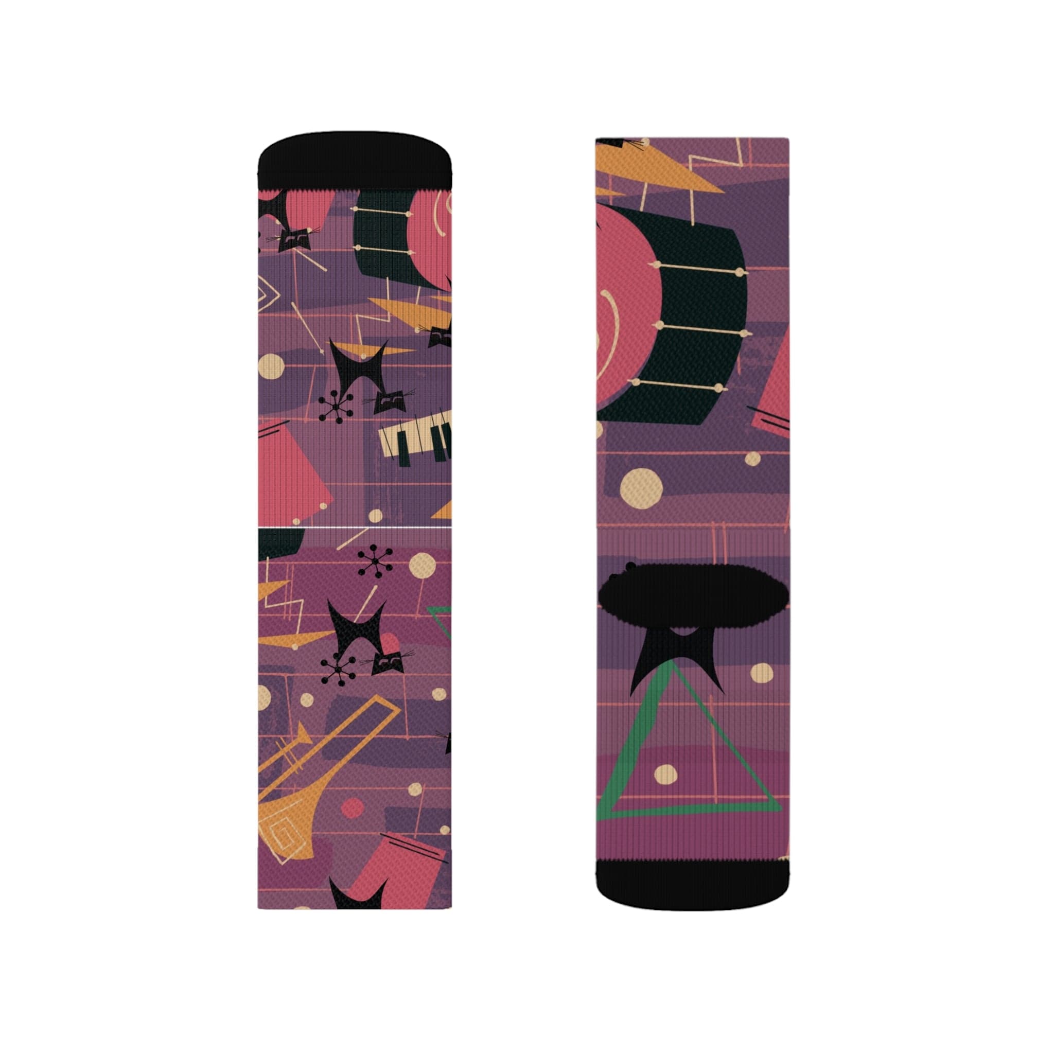 Crazy Socks, Atomic Jazz Cats, Retro Purple Music Socks All Over Prints
