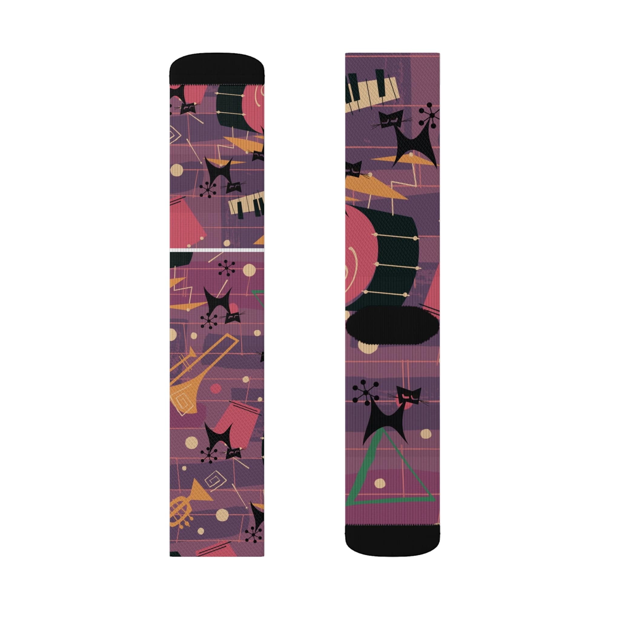 Crazy Socks, Atomic Jazz Cats, Retro Purple Music Socks All Over Prints
