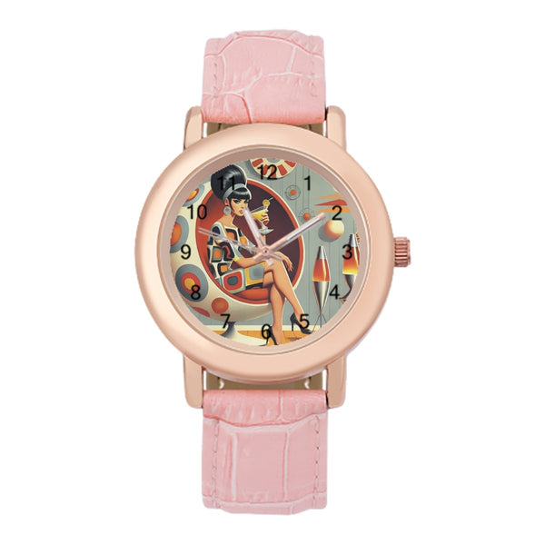 Mid Mod 60s Retro Gal, Kitschy Fun Women's Leather Watch