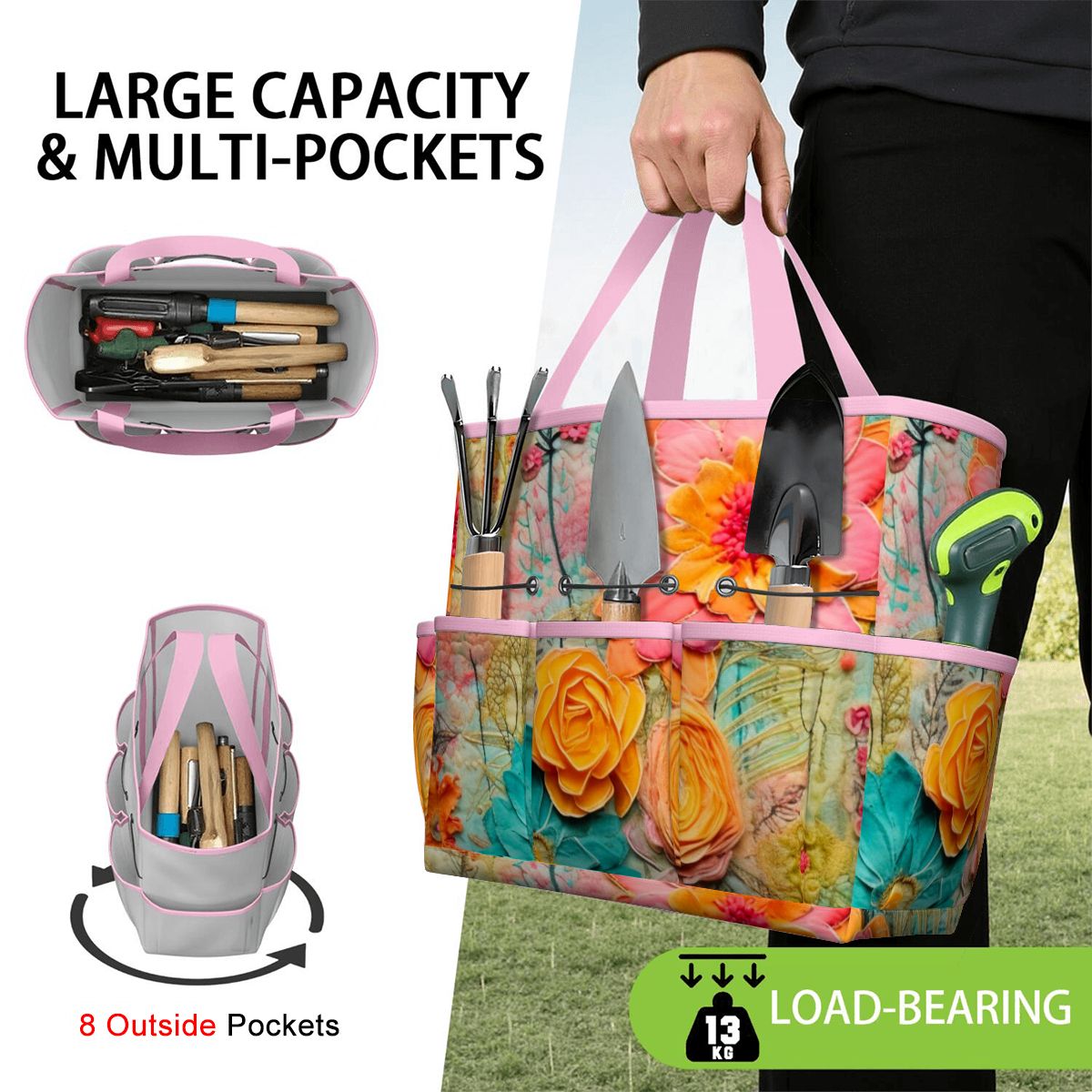 Bohemian Retro Flower, Faux Pressed Floral Mod Garden Tool Bag