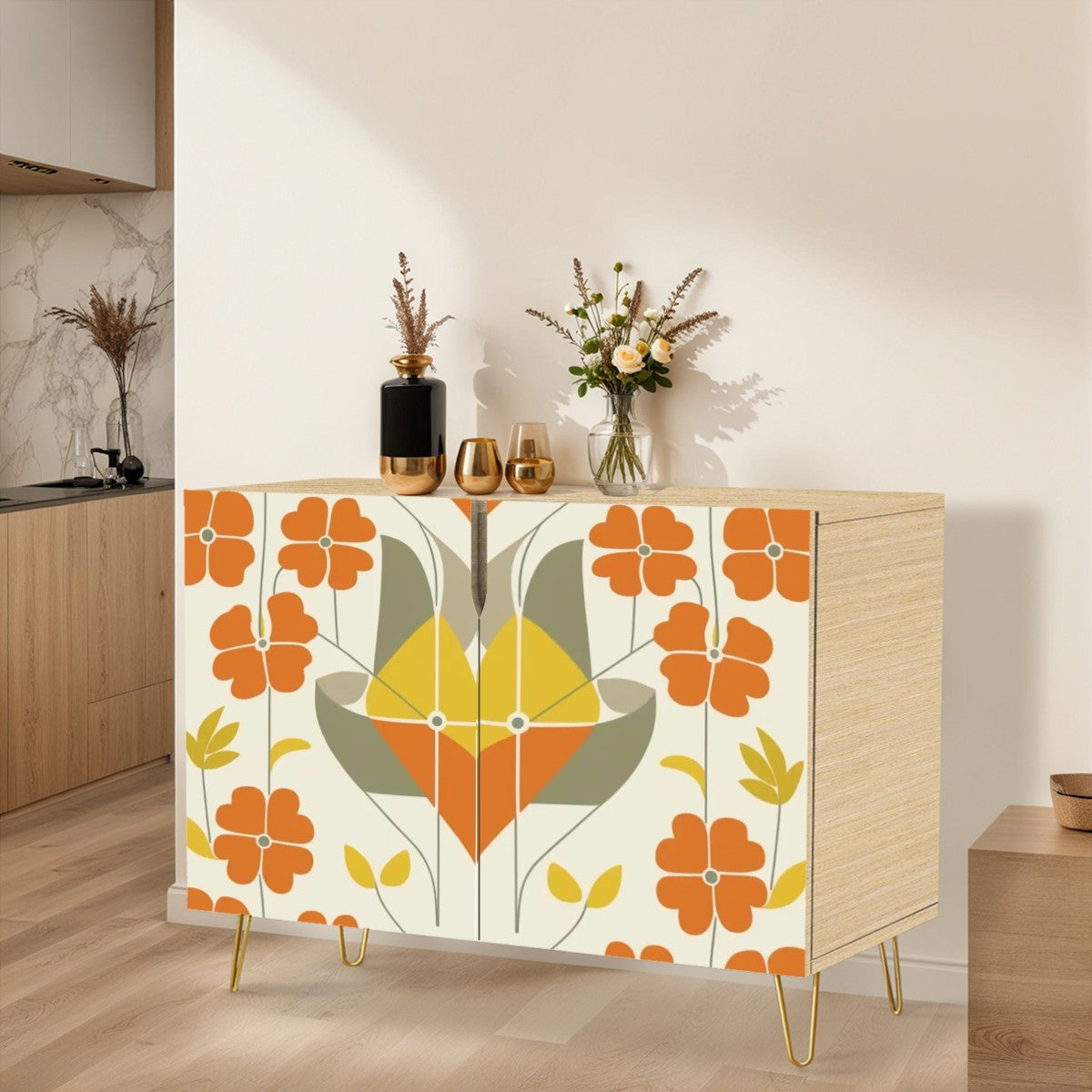 Mid Century Danish Modern Nordic Modernism Orange Yellow Mod Wooden Storage Cabinet - Mid Century Modern Gal