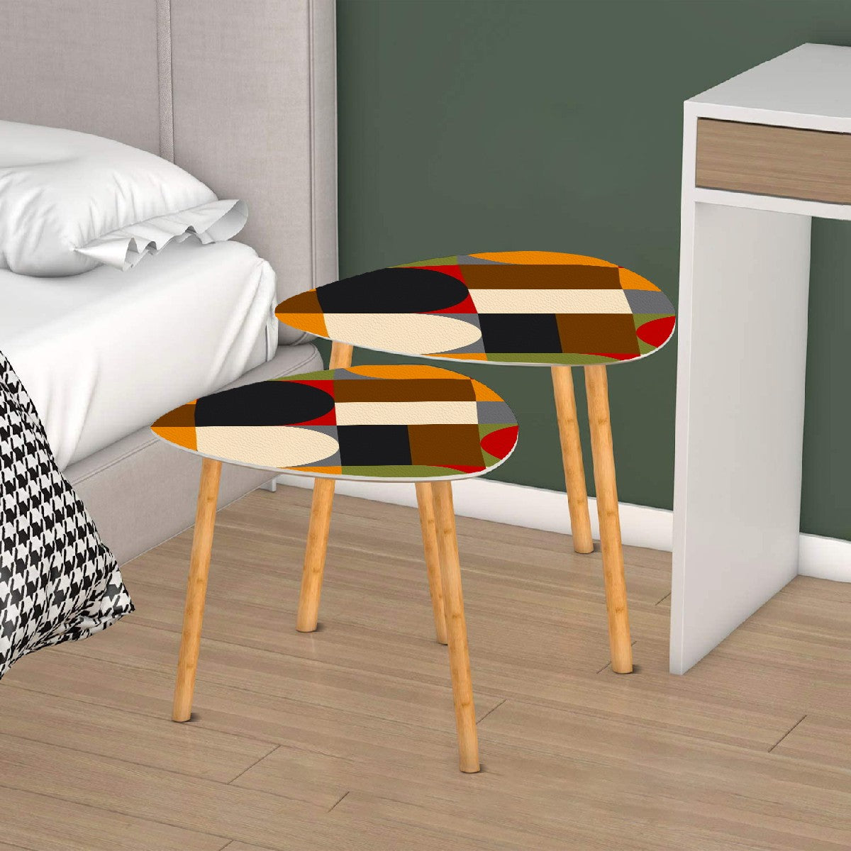 Mid Century Modern Nesting Tables In Geometric Mod Design, Black, Orange, Cream Green Mod Coffee Table - Mid Century Modern Gal