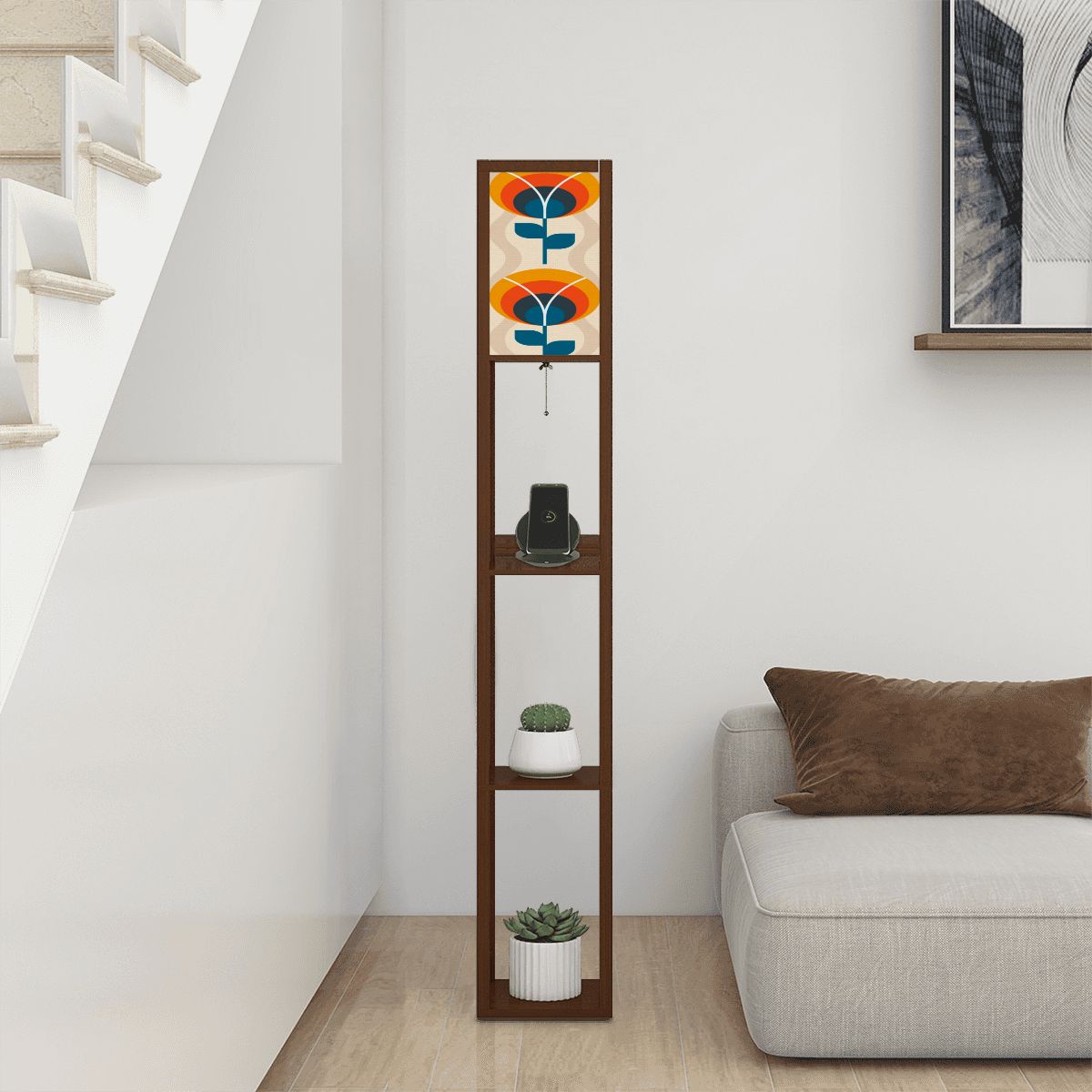 Scandinavian Flower Orange Blue, Retro Mid Century Modern Floor Lamp With Shelves - Mid Century Modern Gal