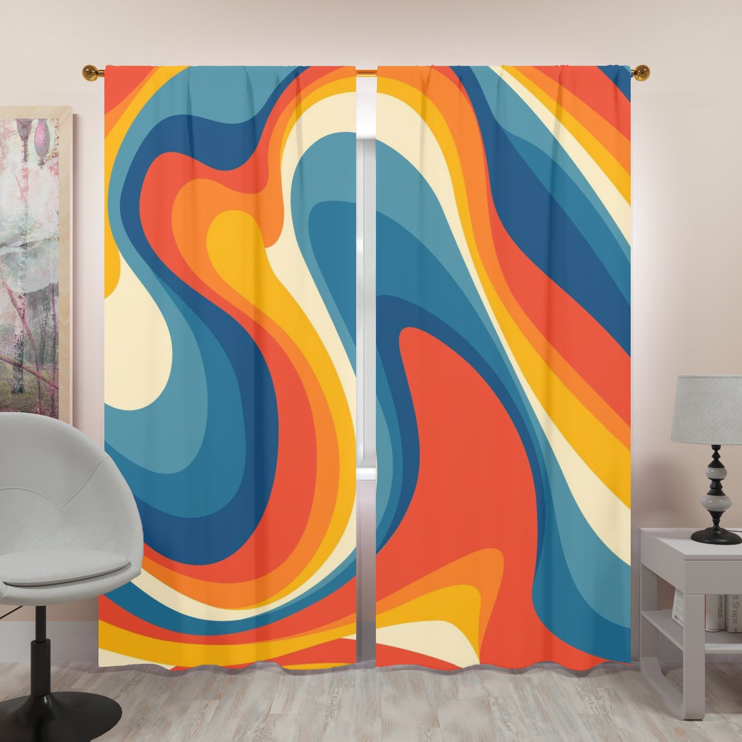 70s Retro Groovy Wave Mid Mod Yellow, Orange, Blue, Cream MCM Window Curtains (two panels) - Mid Century Modern Gal