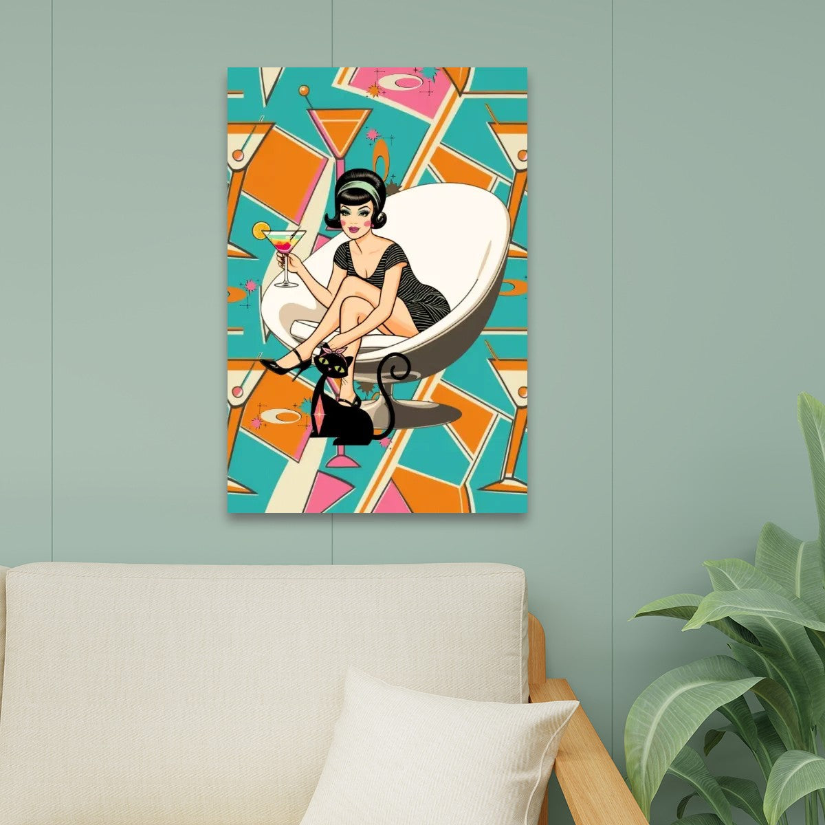 Mid Mod Atomic Cat, 60s Retro Gal, Kitschy Martini MCM Wall Art Canvas Print - Mid Century Modern Gal