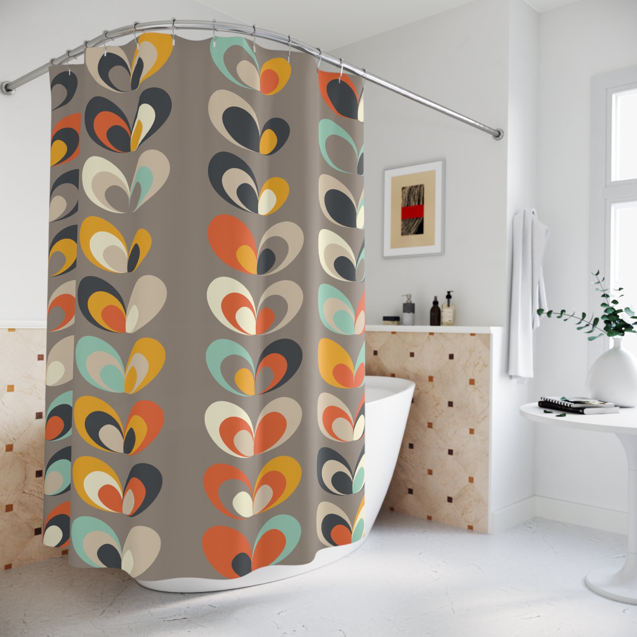 Retro 60s 70s Mid Century Modern Scandinavian Floral Geometric Shower Curtain - Mid Century Modern Gal
