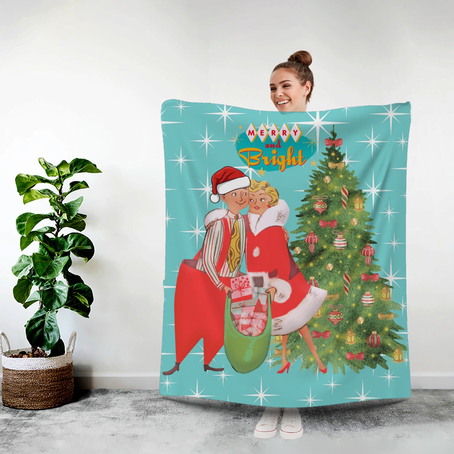 Holiday Vintage 50s Kitsch Retro Aqua Blue Diamond Starburst Mid Century Modern Vintage Christmas Holiday Decor Sherpa Blanket - Mid Century Modern Gal