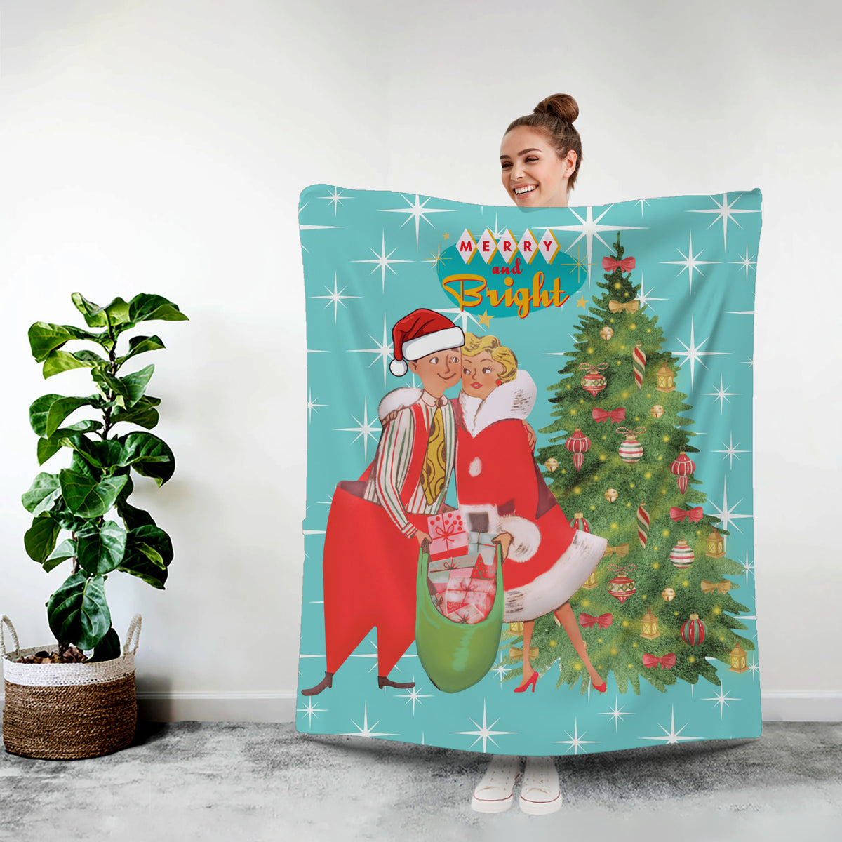 Holiday Vintage 50s Kitsch Retro Aqua Blue Diamond Starburst Mid Century Modern Vintage Christmas Holiday Decor Sherpa Blanket - Mid Century Modern Gal