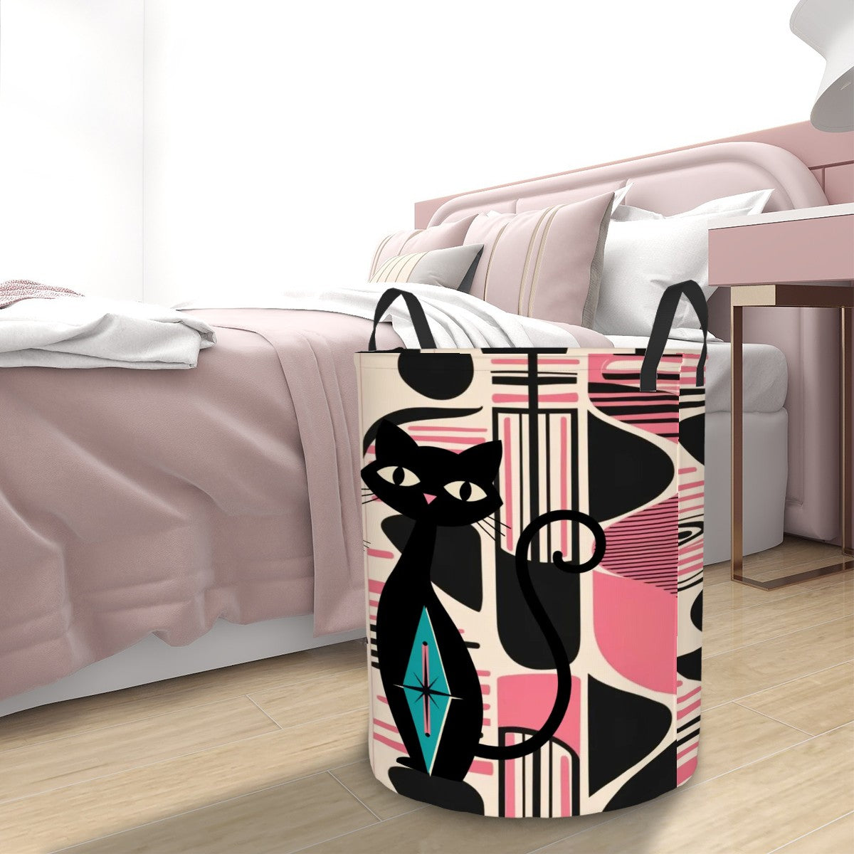 Atomic Cats Kitschy Mod Storage Solution, Organization MCM, Black, Pink, Circular Laundry Basket - Mid Century Modern Gal