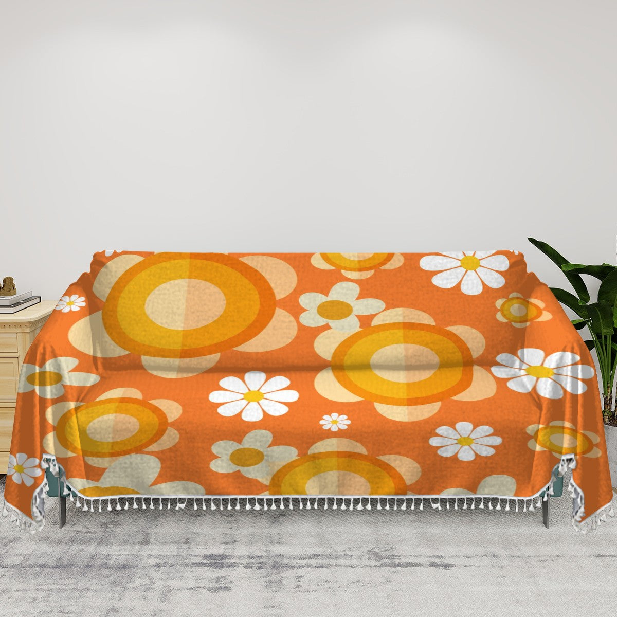 Retro Sofa Cover, Orange Flower Power 70s Home Decor Couch Covers Blanket - Mid Century Modern Gal