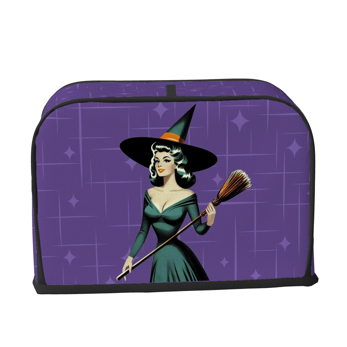 Mid Century Modern Vintage Pin Up Witch Purple Teal Halloween 2 Slice Toaster Cover - Mid Century Modern Gal