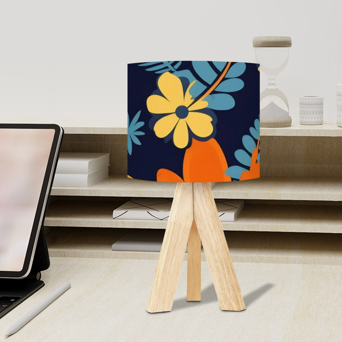 Boho Floral Royal Blue, Orange Yellow Mid Mod Tripod Table Lamp - Mid Century Modern Gal