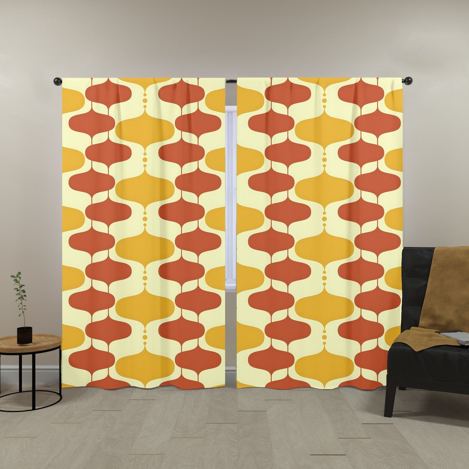 Mid Century Modern Mustard Yellow, Burnt Orange, Googie Designed Window Curtains (two panels) - Mid Century Modern Gal