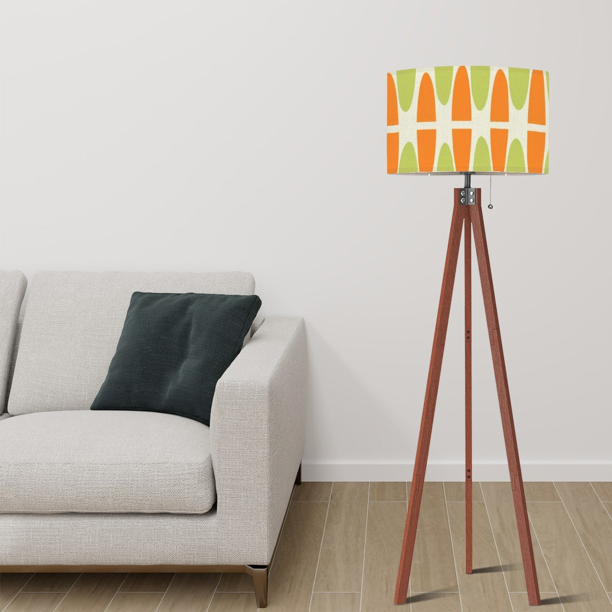 Groovy Green, Orange, Tiki Polynesian Inspired Mid Century Modern Tripod Floor Lamp - Mid Century Modern Gal