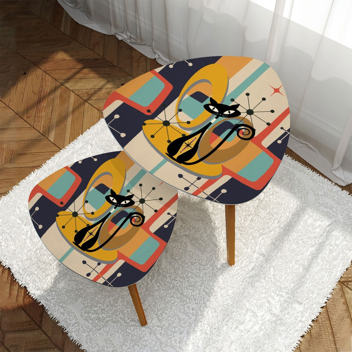 Mid Century Modern Nesting Tables, Atomic Cat, Mod 50s Triangle Coffee Table Set - Mid Century Modern Gal
