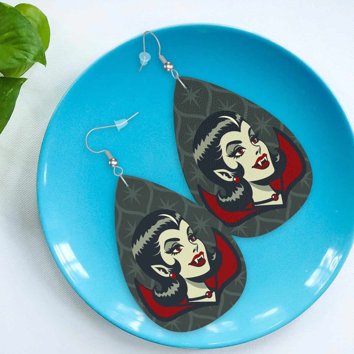 Vampire Dracula Girl Halloween Goth Horror Buff MCM Green Vegan Leather Teardrop Earrings - Mid Century Modern Gal