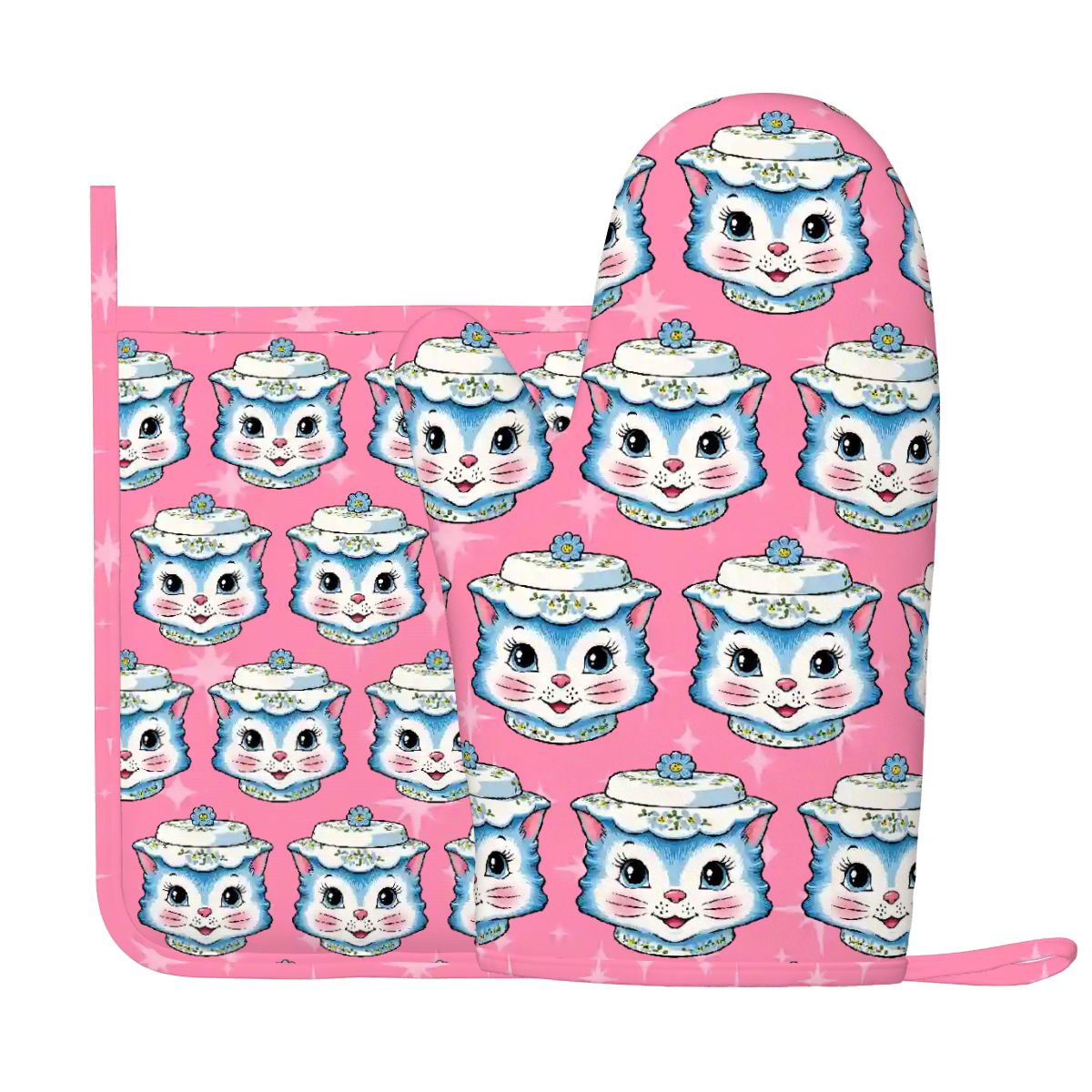 Mid Century Modern Kitschy Anthropomorphic Blue Cat with Floral Hat Silicone Oven Mitts and Pot Holders Sets (Right) - Mid Century Modern Gal