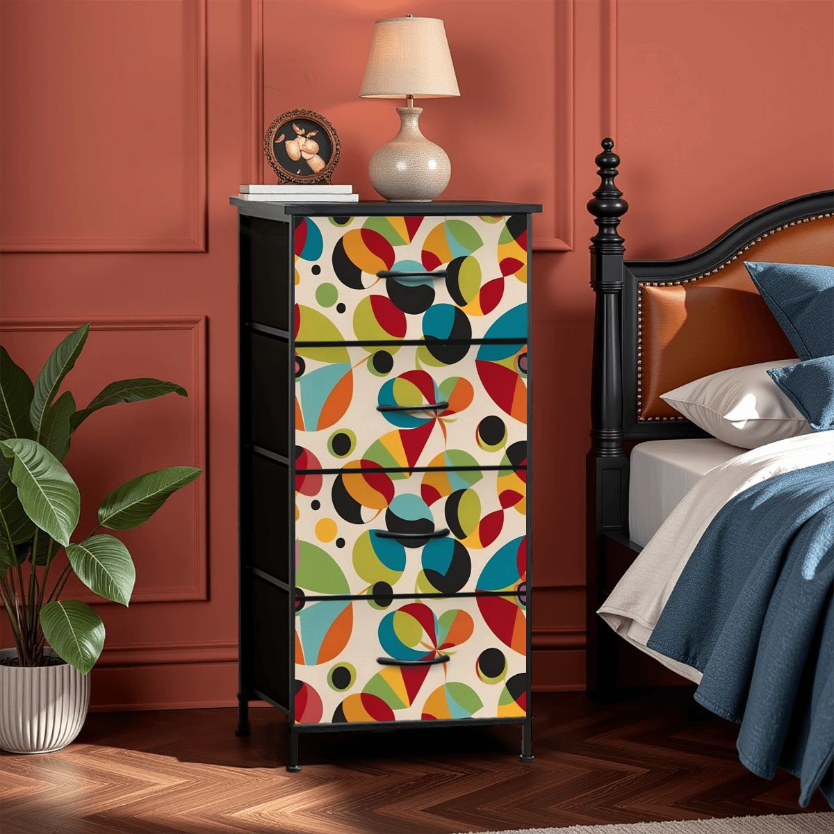 Retro Groovy Orb Abstract Designed Mid Century Modern 4-Drawer Dresser - Mid Century Modern Gal