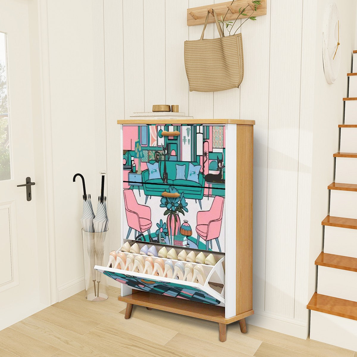 Mid Century Modern Furniture Shoe Cabinet Adorned With Atomic Cats Kitschy Mod LR Design - Mid Century Modern Gal