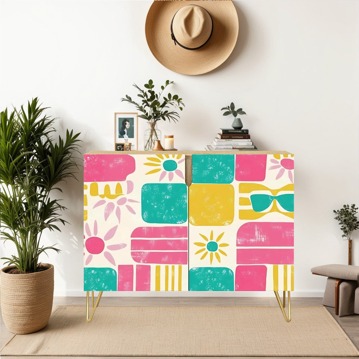 Mid Century Modern Palm Spring Cali, Mod Pink Teal , Yellow Wooden Storage Cabinet - Mid Century Modern Gal