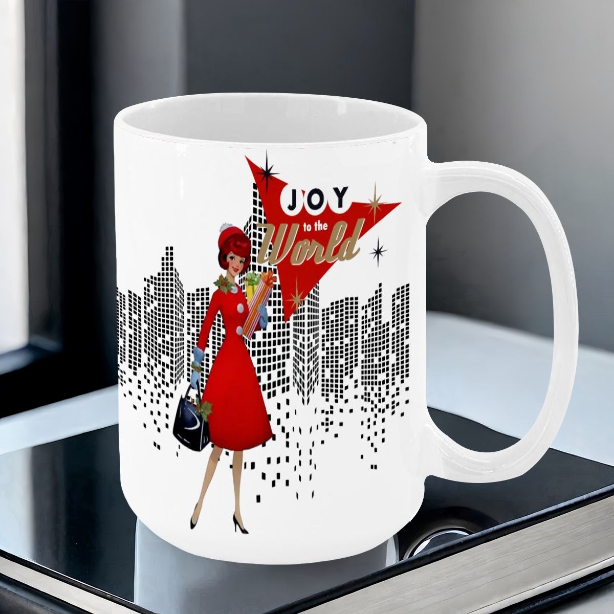 Mid Century Modern Christmas Joy To The World Mod Gal Cityscape Holiday Mug - Mid Century Modern Gal