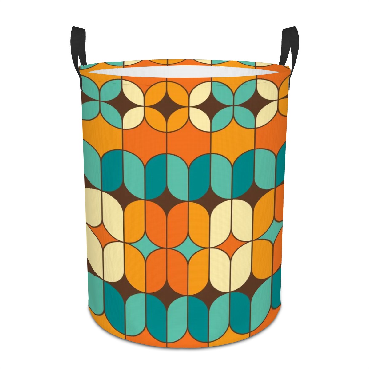 Mid Mod Orange, Teal Geometric Retro MCM Circular Laundry Basket - Mid Century Modern Gal