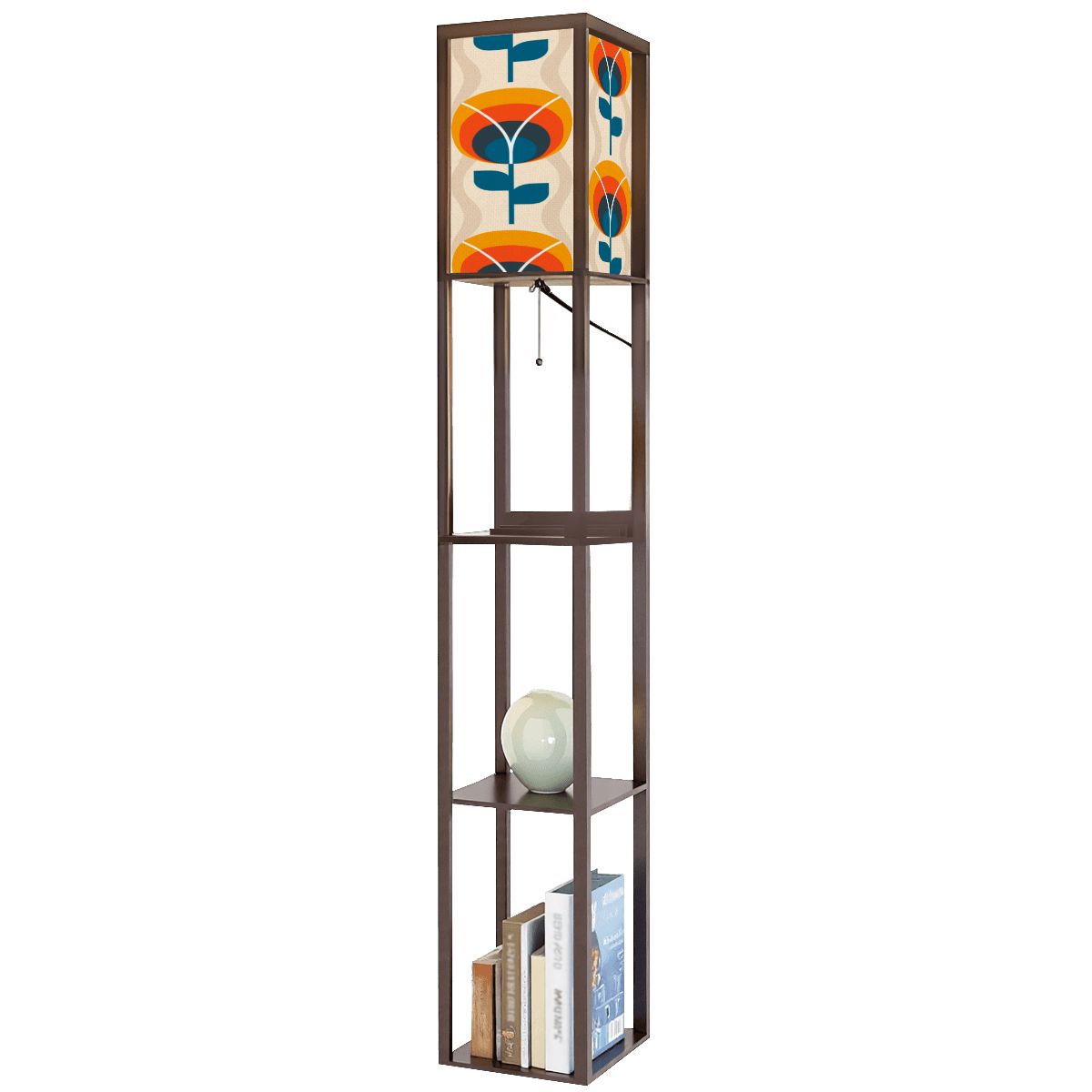 Scandinavian Flower Orange Blue, Retro Mid Century Modern Floor Lamp With Shelves - Mid Century Modern Gal