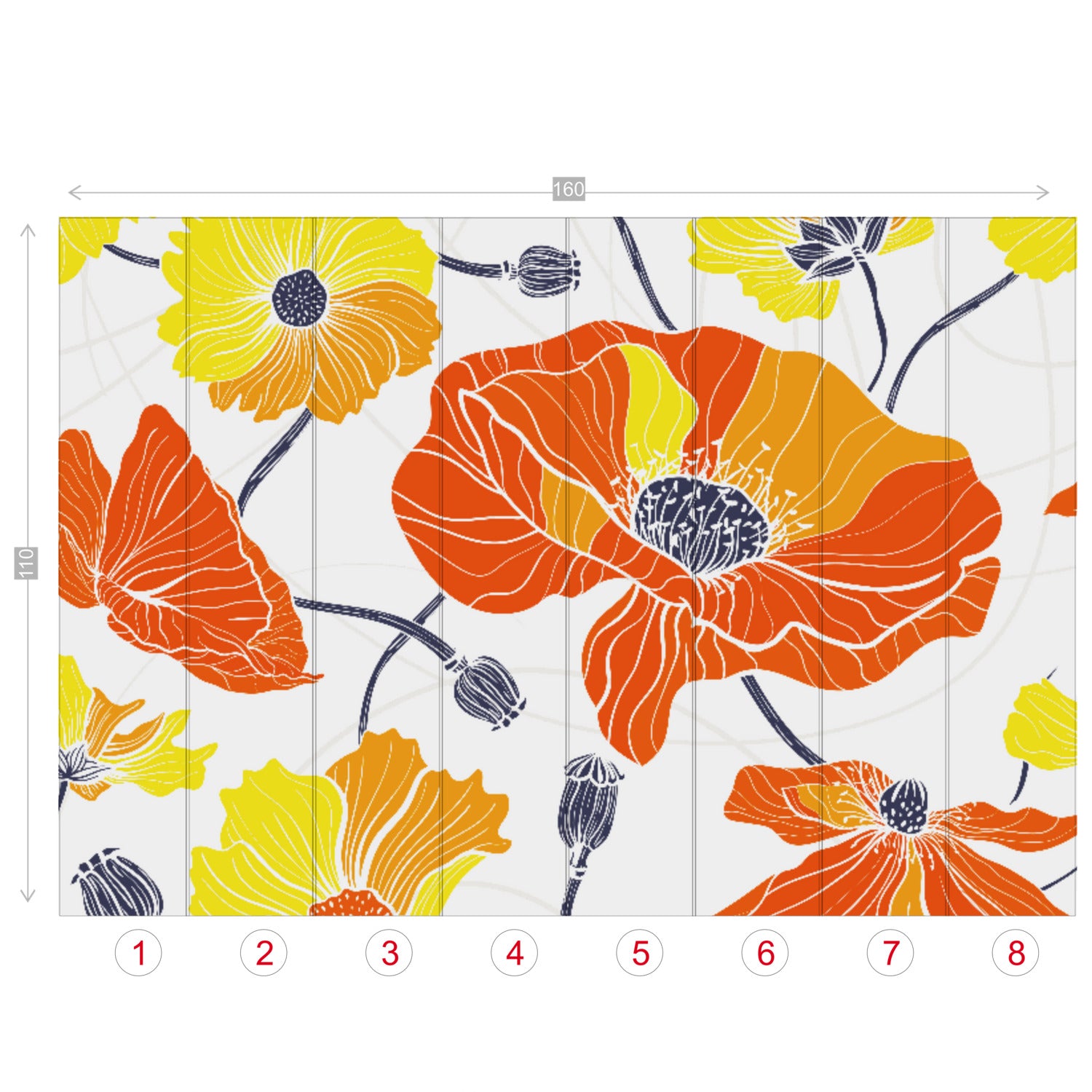 Vintage Poppy Orange Yellow Retro Florals, Mid Century Modern Wall Murals - Mid Century Modern Gal
