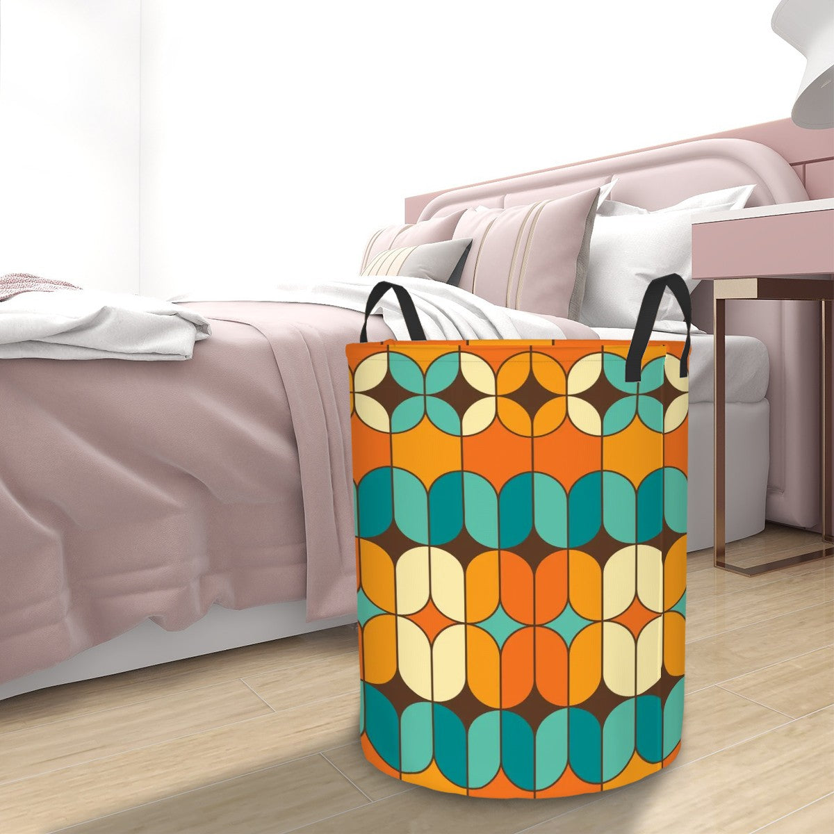 Mid Mod Orange, Teal Geometric Retro MCM Circular Laundry Basket - Mid Century Modern Gal
