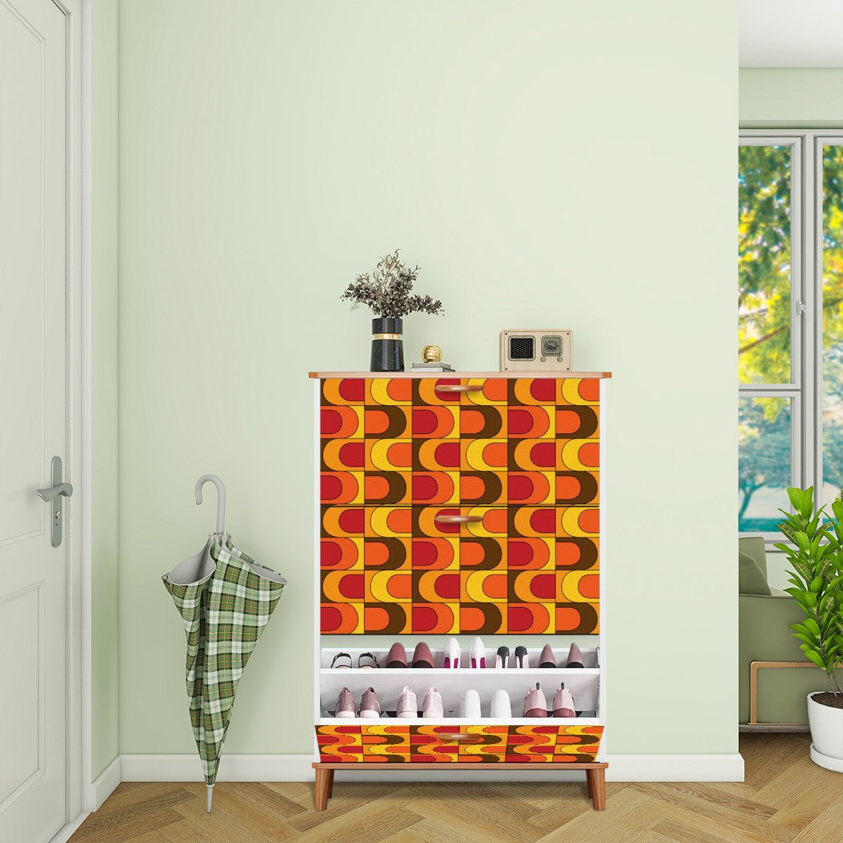 Retro Mid Mod Shoe Storage Cabinet, Orange Yellow, Brown Groovy 70s Design - Mid Century Modern Gal