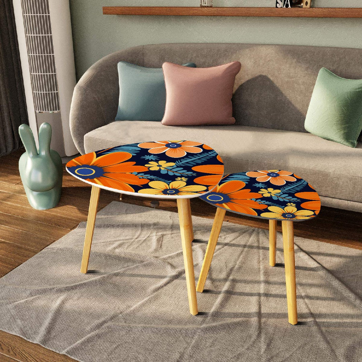 Bohemian Floral Navy Blue, Orange, Retro Nesting Tables - Mid Century Modern Gal