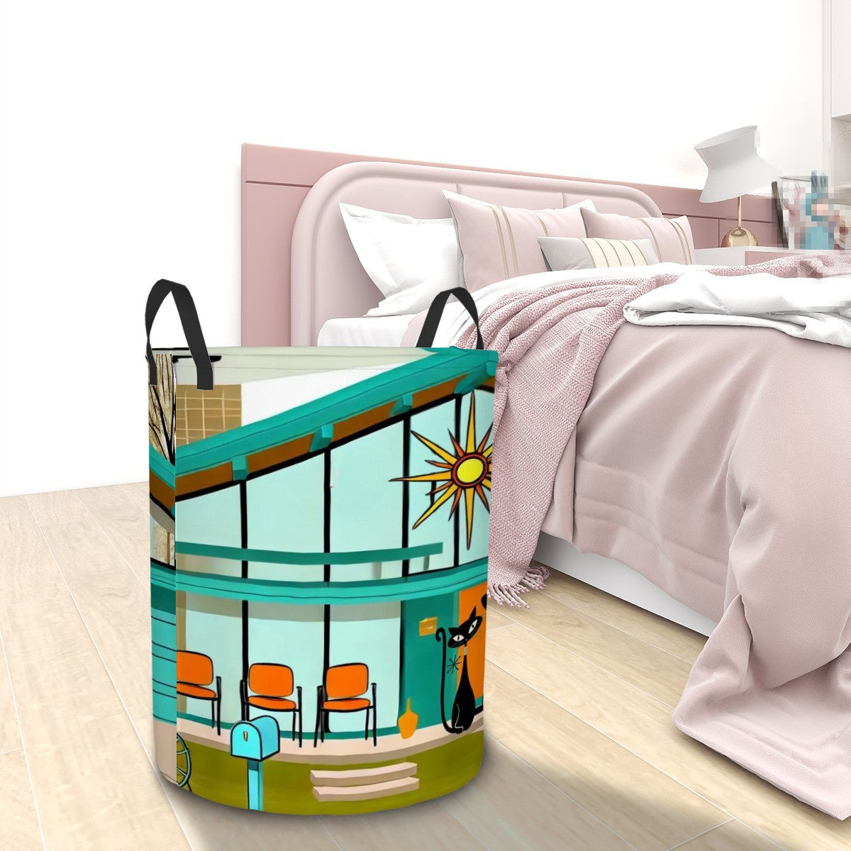 Atomic Cats, Mid Century Modern House Design Kitschy Mod Circular Laundry Basket - Mid Century Modern Gal