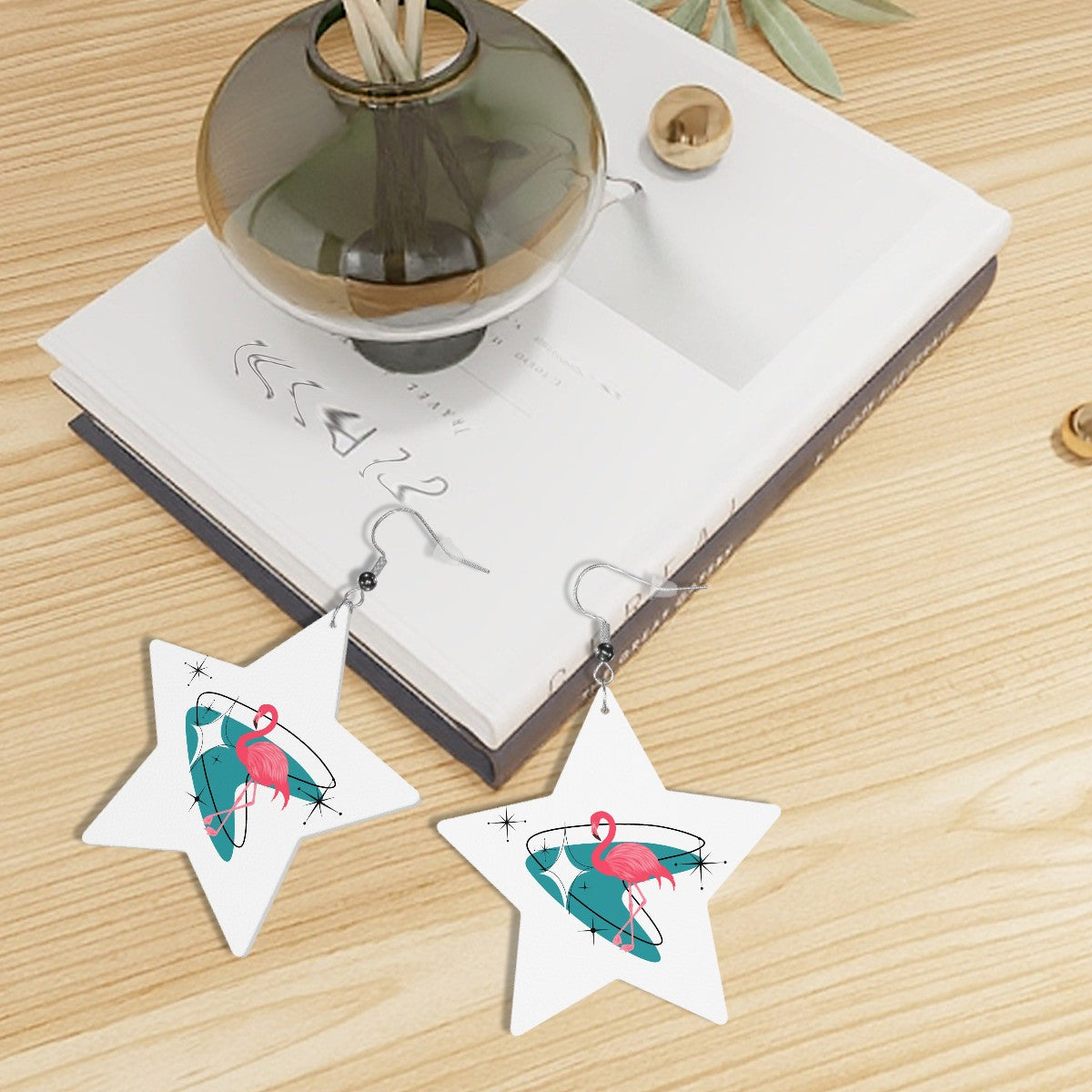 Kitschy Mid Mod Flamingo White Vegan Leather Star Earrings - Mid Century Modern Gal